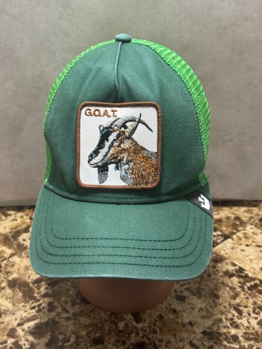 GOAT Embroidered Green Trucker Hat With Mesh Back Snap Closure